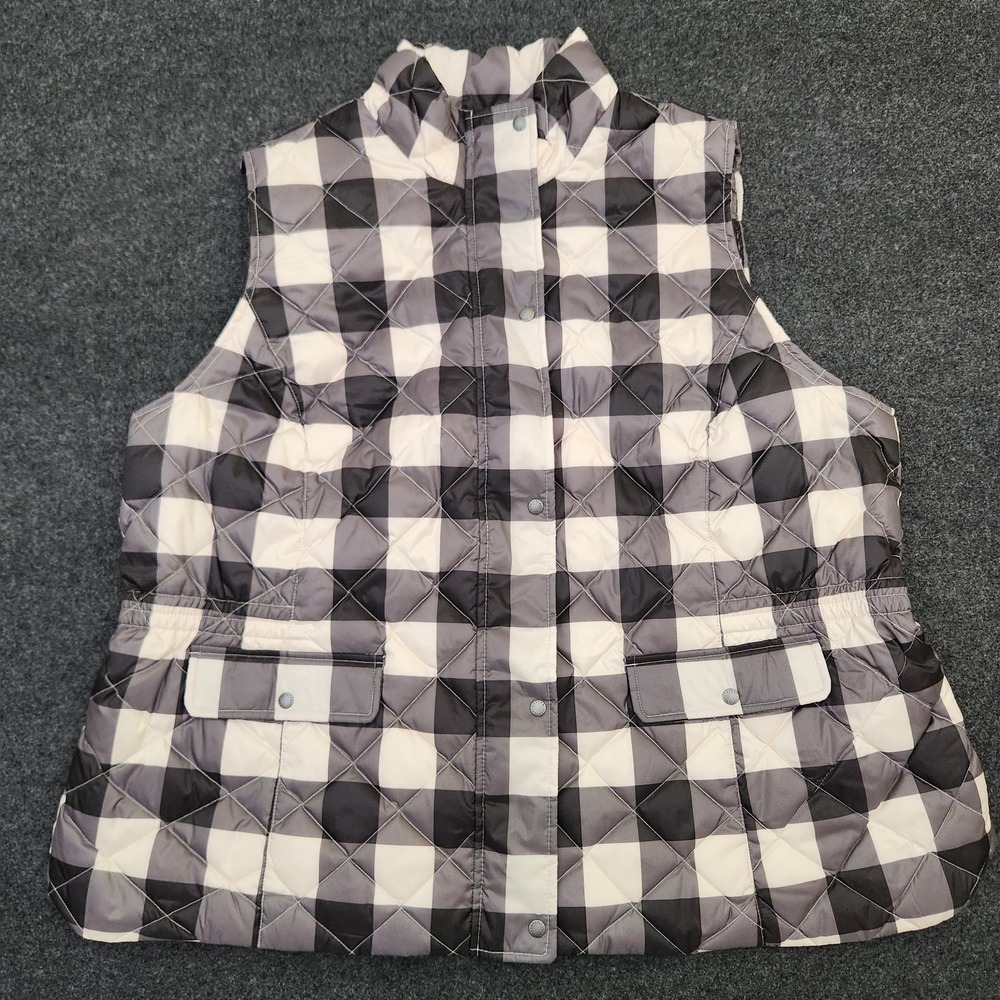 Talbots Womens 3X Buffalo Plaid Black Cream Full Zip Quilted Down Puffer Vest
